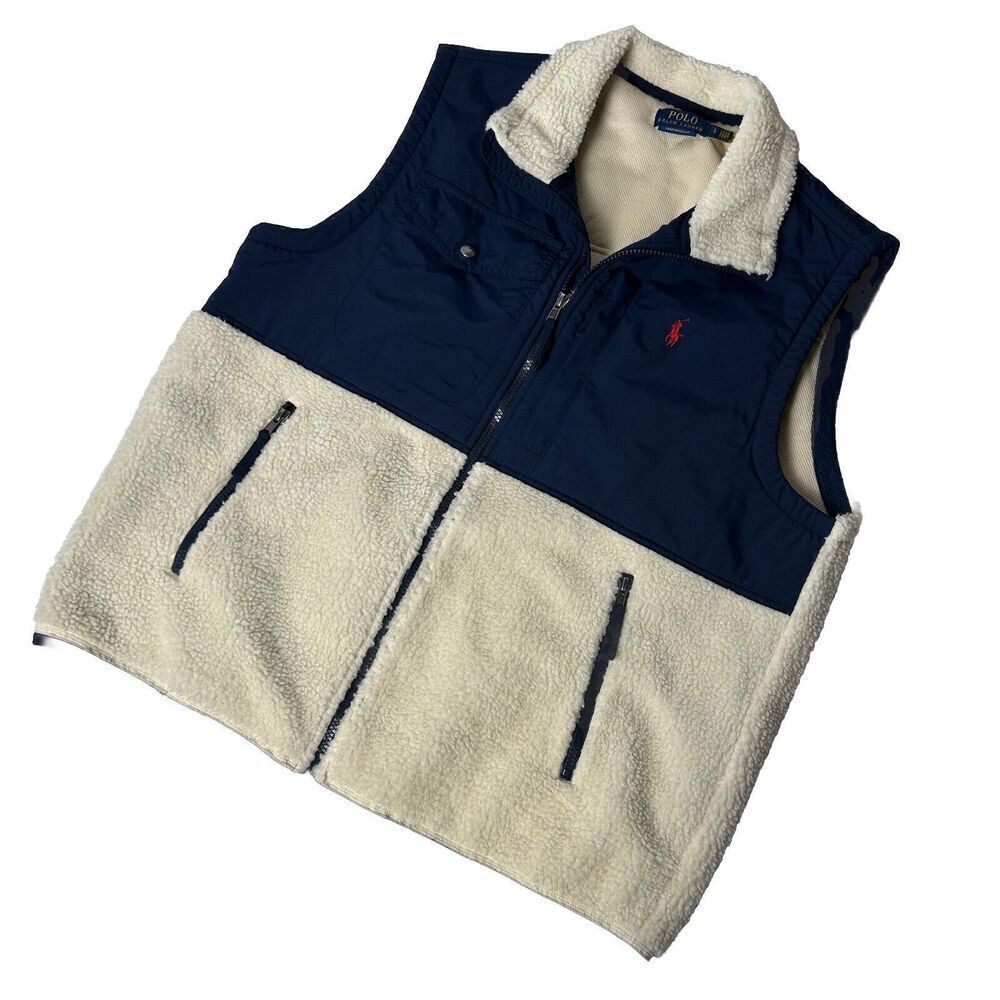 Polo Ralph Lauren Cream Navy Hybrid Sherpa Fleece Full Zip Vest SZ L